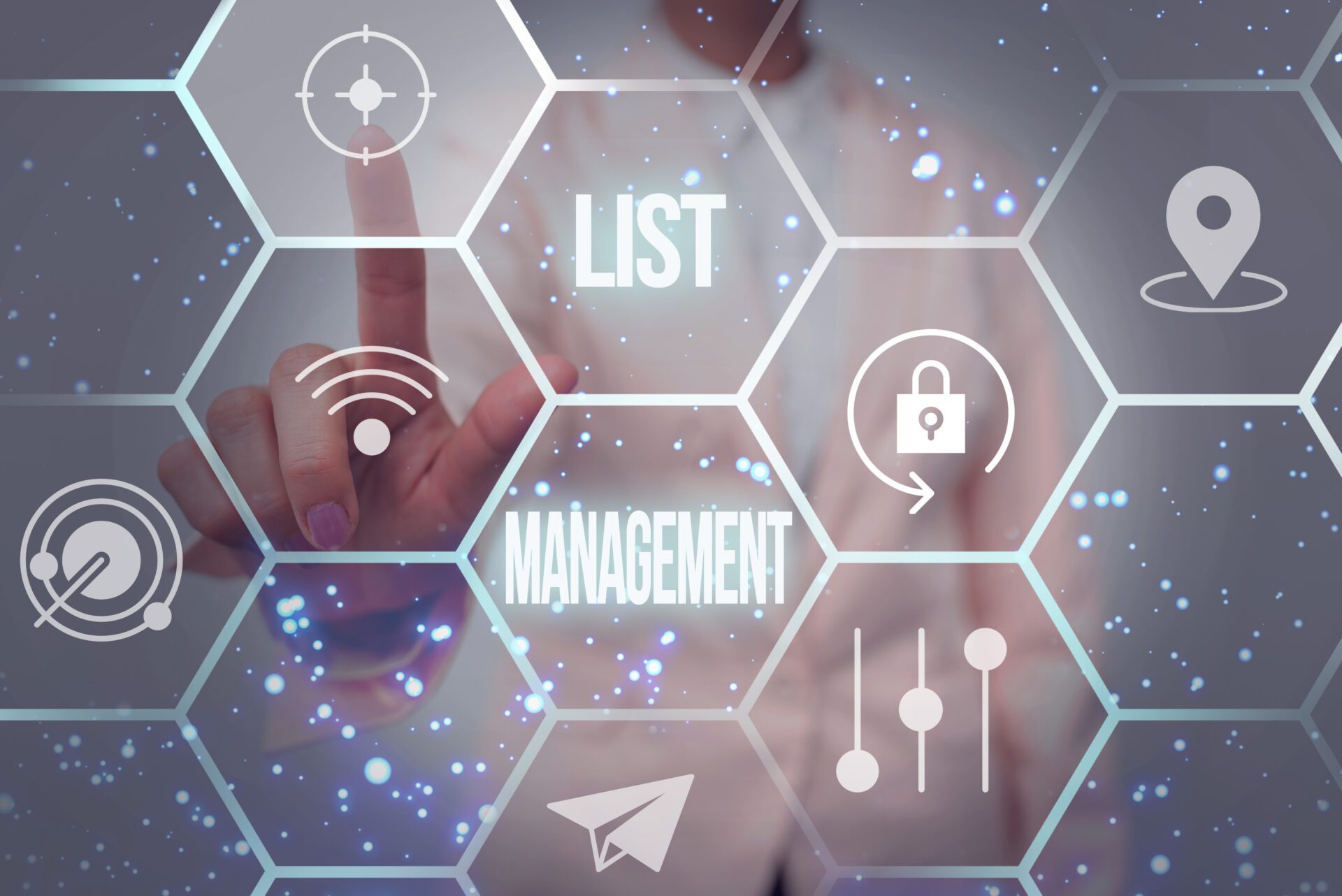 Text sign showing List Management. Business idea company or individual who acts as an agent of the list owner Lady In Uniform Holding Tablet In Hand Virtually Tapping Futuristic Tech. List Management
